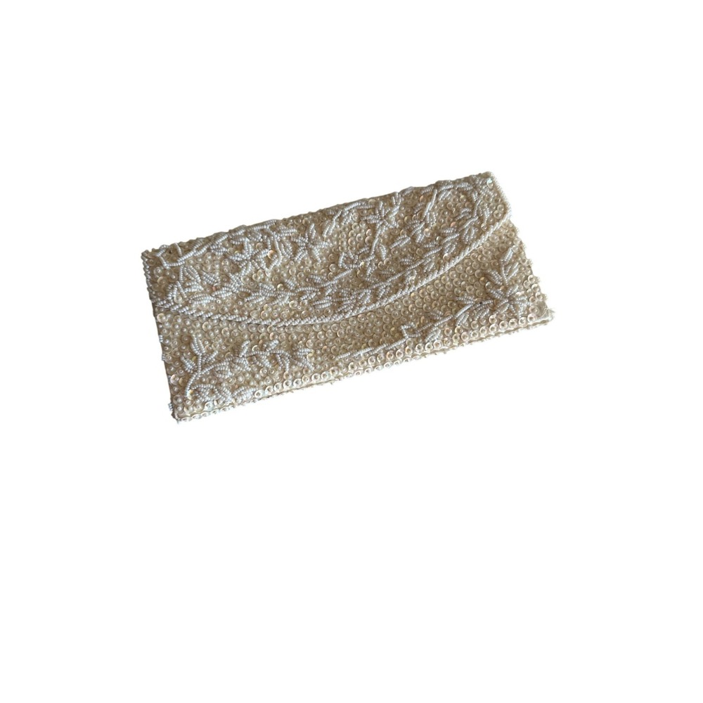 Vintage Handmade Hong Kong Beaded‎ Evening Clutch Purse Ivory Cream